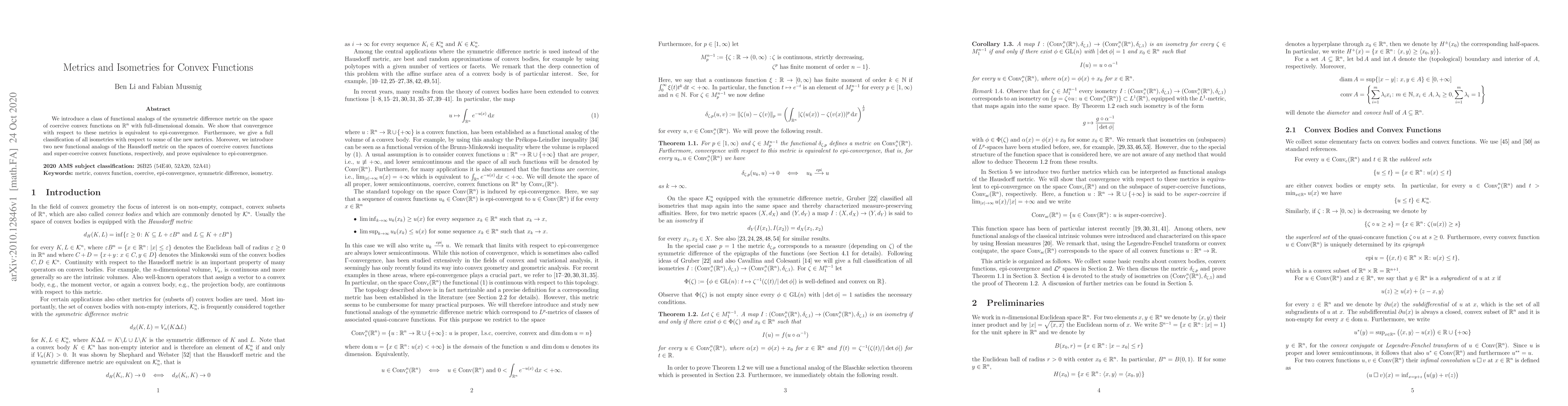 Thumbnail for Metrics and Isometries for Convex Functions