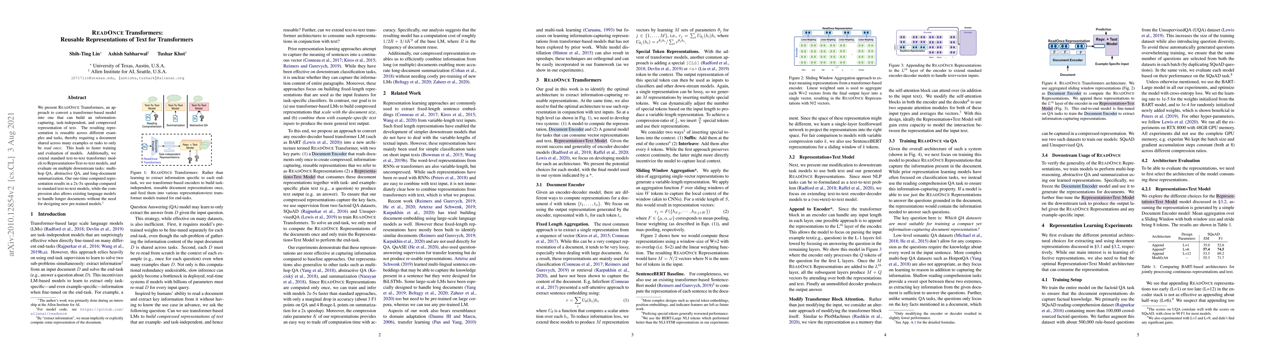 Thumbnail for ReadOnce Transformers: Reusable Representations of Text for Transformers