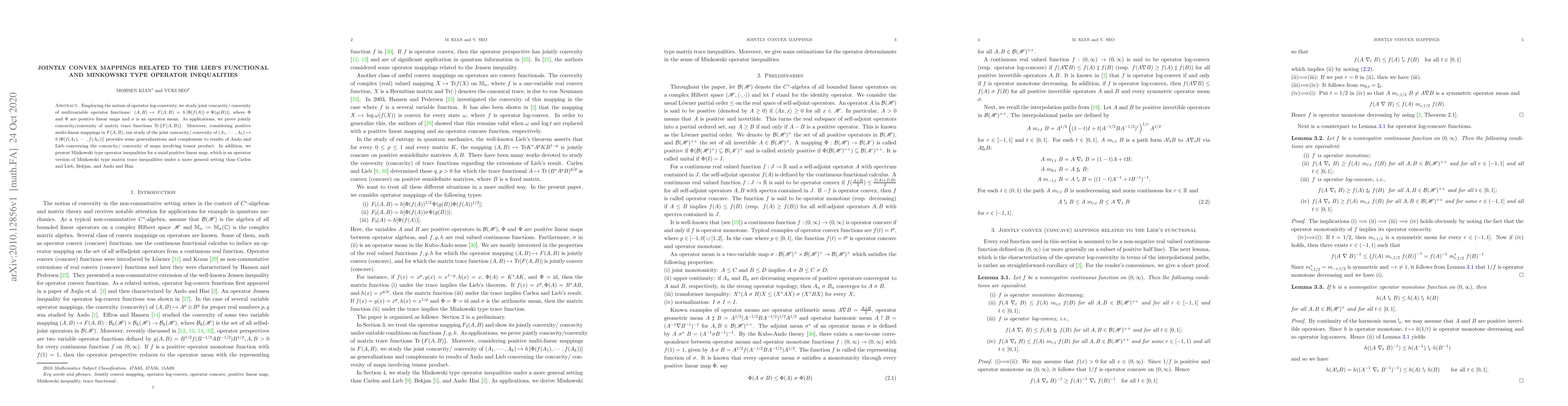 Thumbnail for Jointly convex mappings related to the Lieb's functional and Minkowski
  type operator inequalities