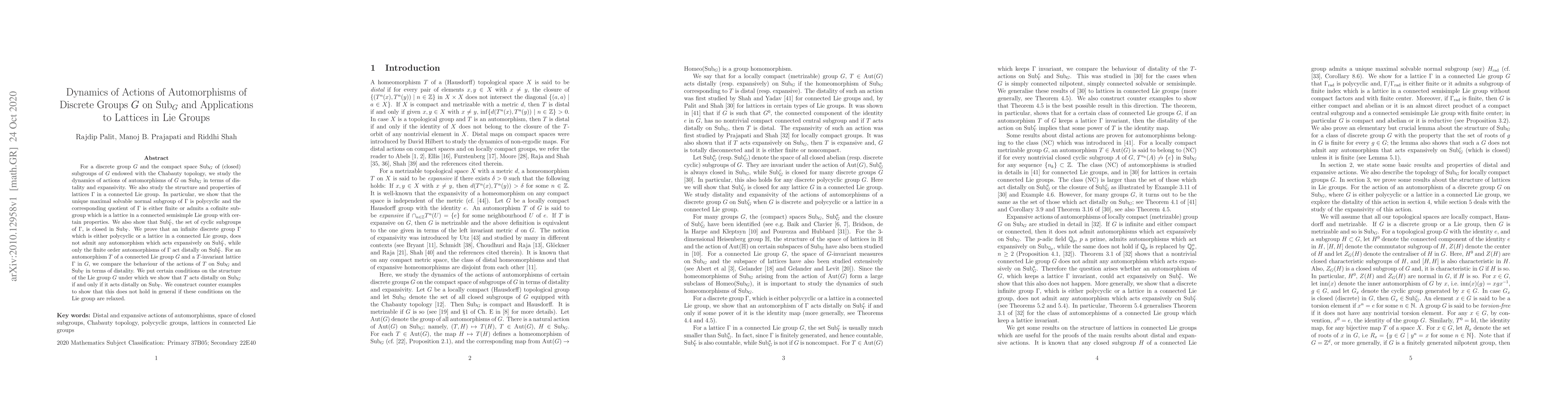 Thumbnail for Dynamics of Actions of Automorphisms of Discrete Groups $G$ on Sub$_G$
  and Applications to Lattices in Lie Groups