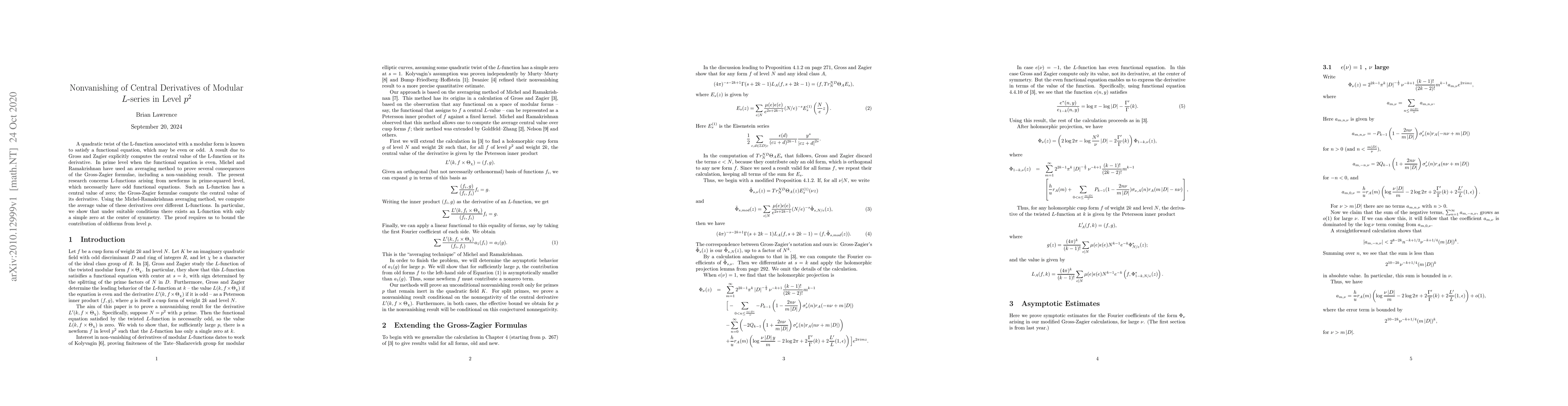 Thumbnail for Nonvanishing of Central Derivatives of Modular $L$-series in Level $p^2$