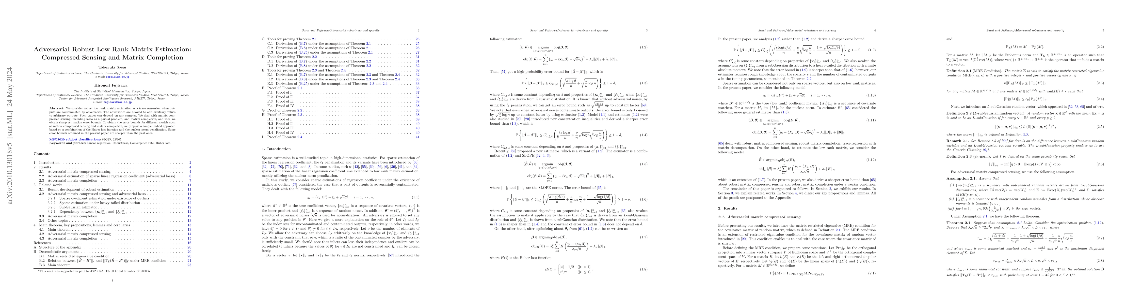 Thumbnail for Adversarial Robust Low Rank Matrix Estimation: Compressed Sensing and
  Matrix Completion