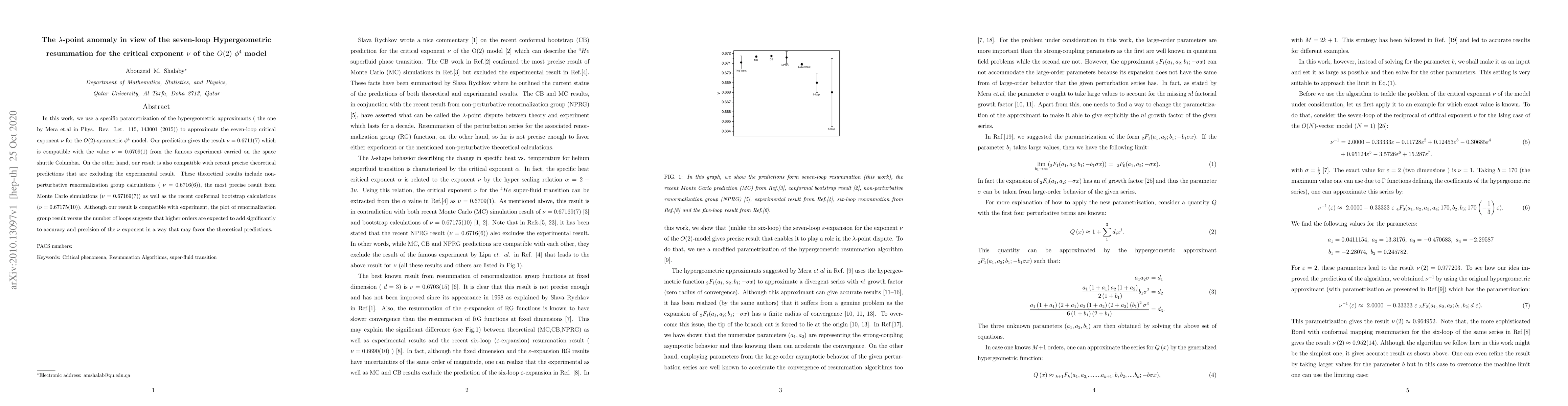 Thumbnail for The $\lambda$-point anomaly in view of the seven-loop Hypergeometric
  resummation for the critical exponent $\nu$ of the $O(2)$ $\phi^4$ model