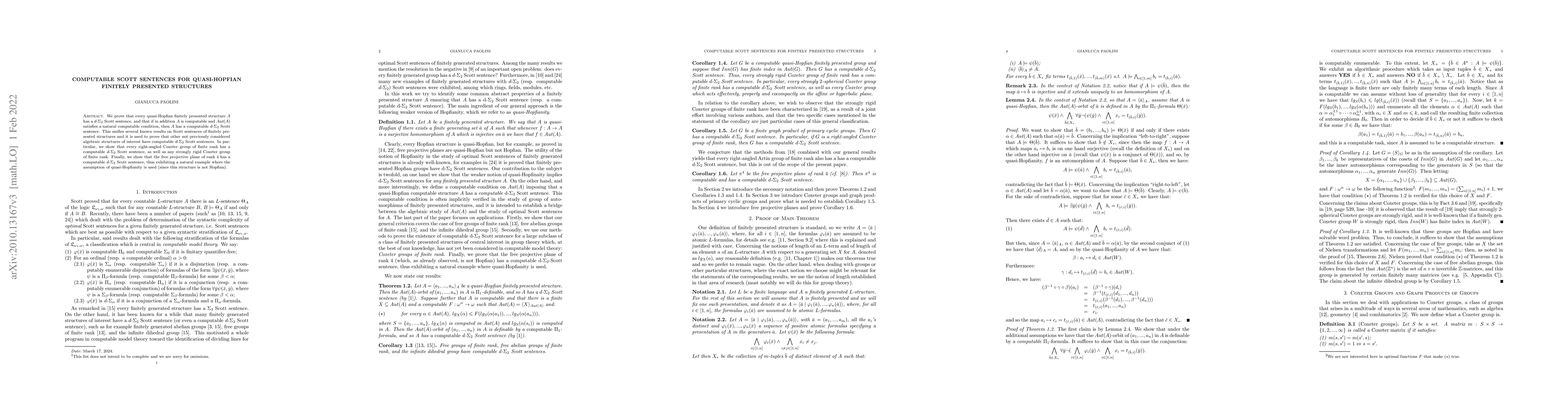 Thumbnail for Computable Scott Sentences for Quasi-Hopfian Finitely Presented
  Structures