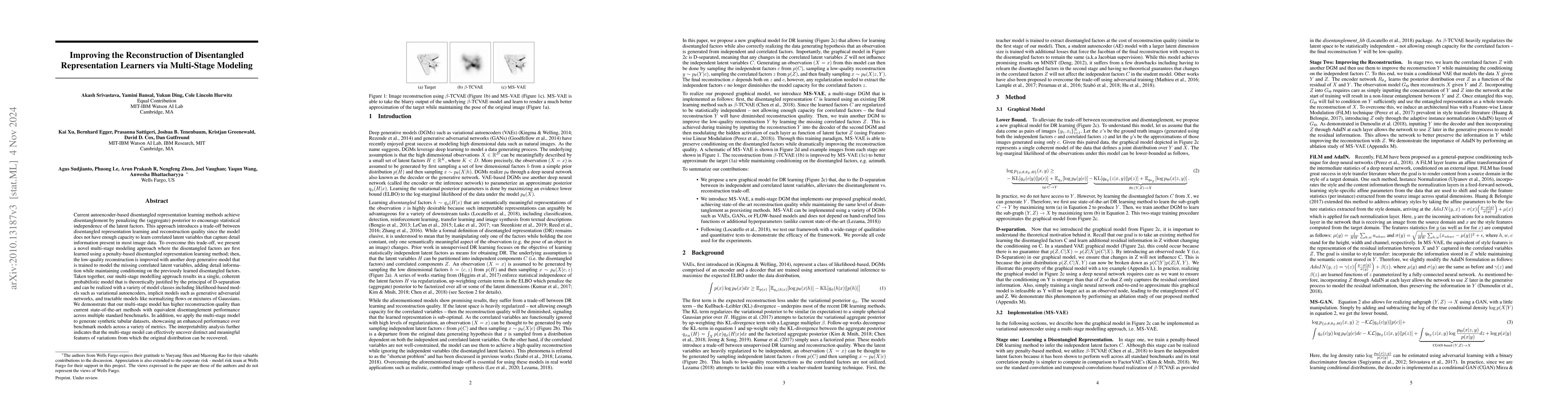 Thumbnail for Improving the Reconstruction of Disentangled Representation Learners via
  Multi-Stage Modeling