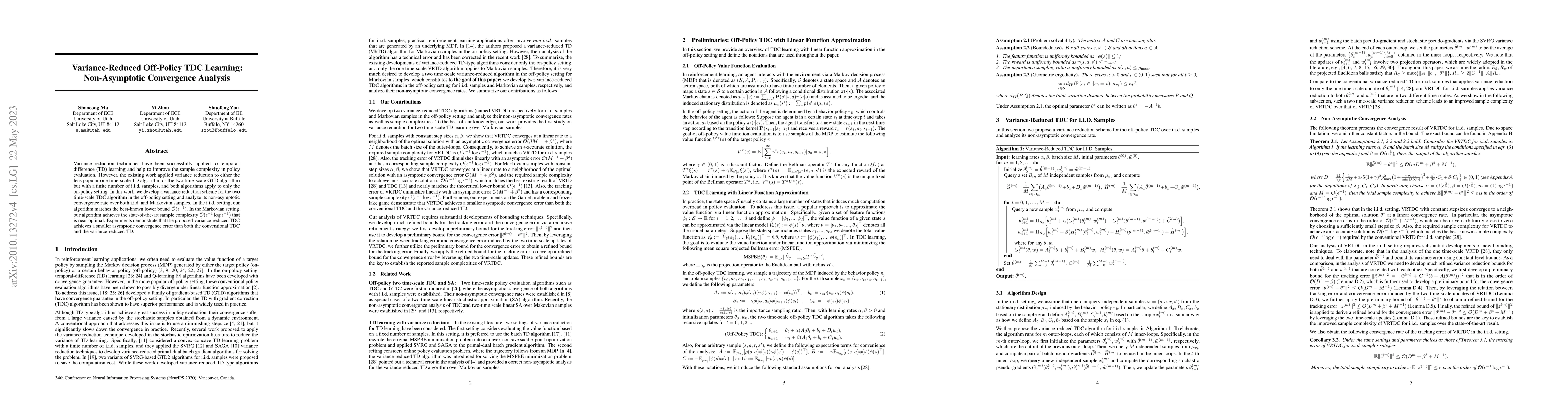 Thumbnail for Variance-Reduced Off-Policy TDC Learning: Non-Asymptotic Convergence
  Analysis