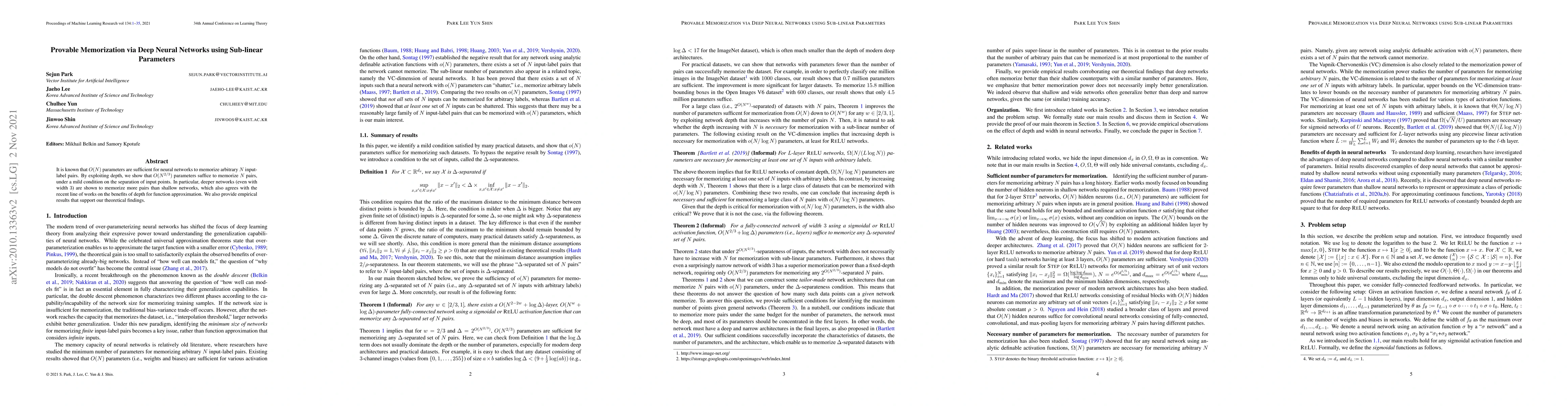 Thumbnail for Provable Memorization via Deep Neural Networks using Sub-linear
  Parameters