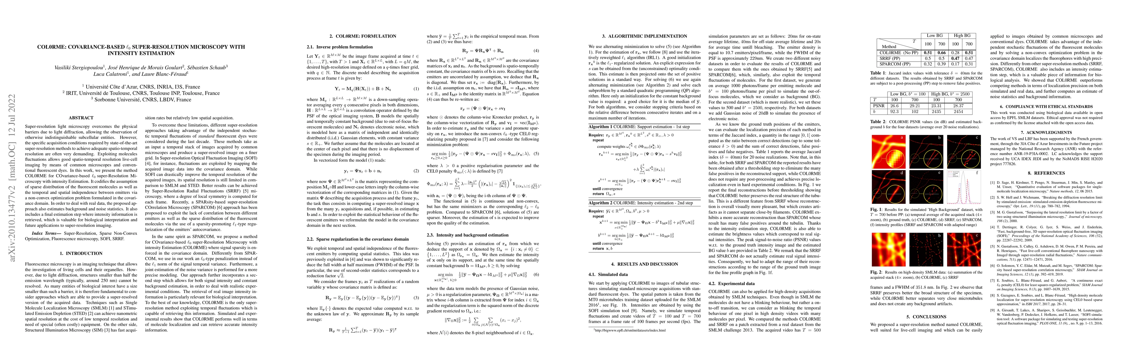 Thumbnail for COL0RME: COvariance-based $\ell_0$ super-Resolution Microscopy with
  intensity Estimation