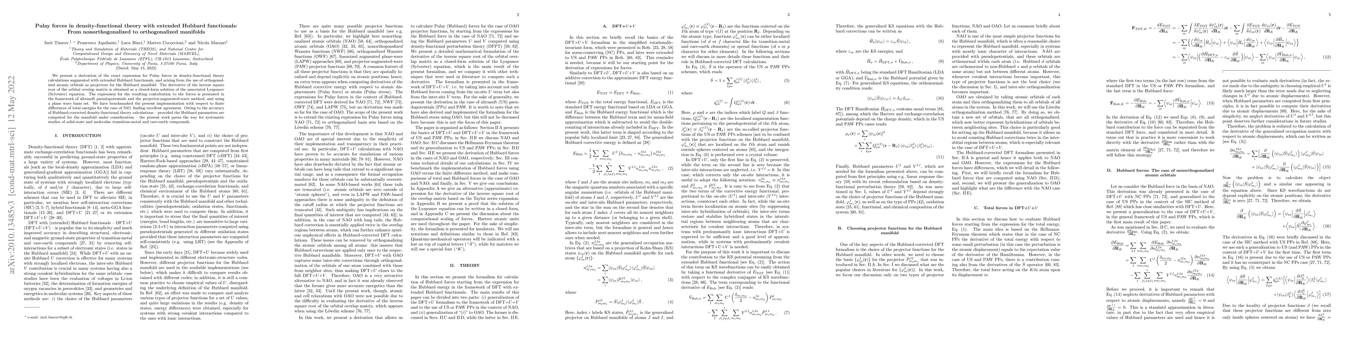 Thumbnail for Pulay forces in density-functional theory with extended Hubbard
  functionals: From nonorthogonalized to orthogonalized manifolds