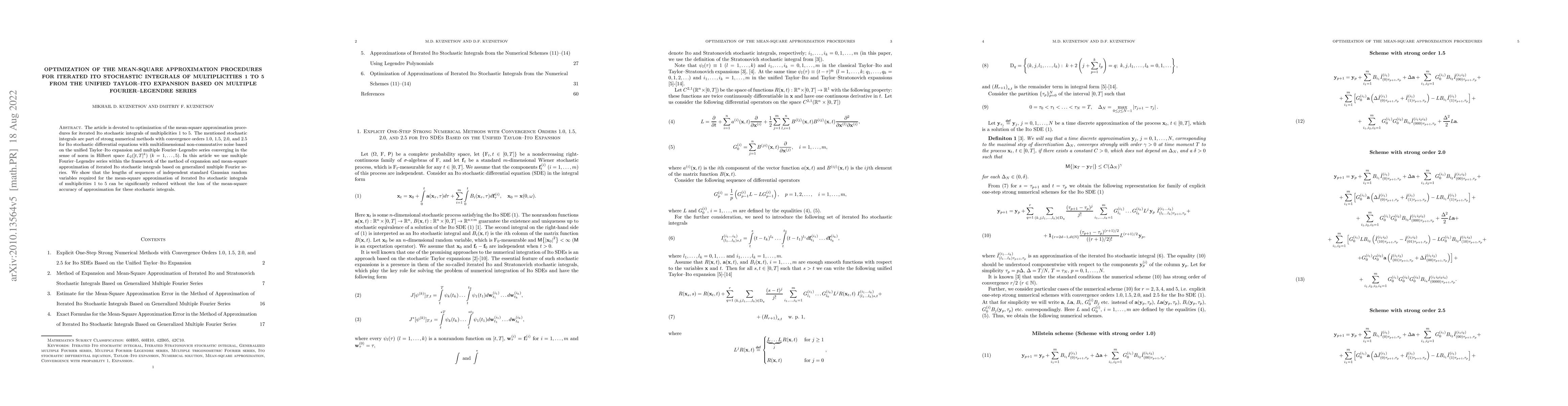 Thumbnail for Optimization of the Mean-Square Approximation Procedures for Iterated
  Ito Stochastic Integrals of Multiplicities 1 to 5 from the Unified Taylor-Ito
  Expansion Based on Multiple Fourier-Legendre Series