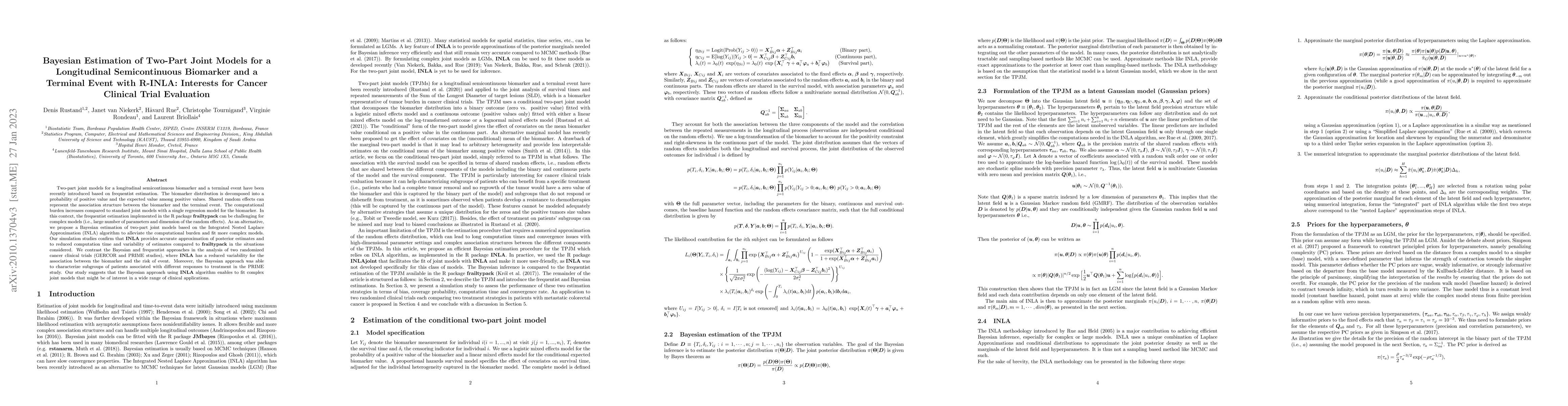 Thumbnail for Bayesian Estimation of Two-Part Joint Models for a Longitudinal
  Semicontinuous Biomarker and a Terminal Event with R-INLA: Interests for
  Cancer Clinical Trial Evaluation