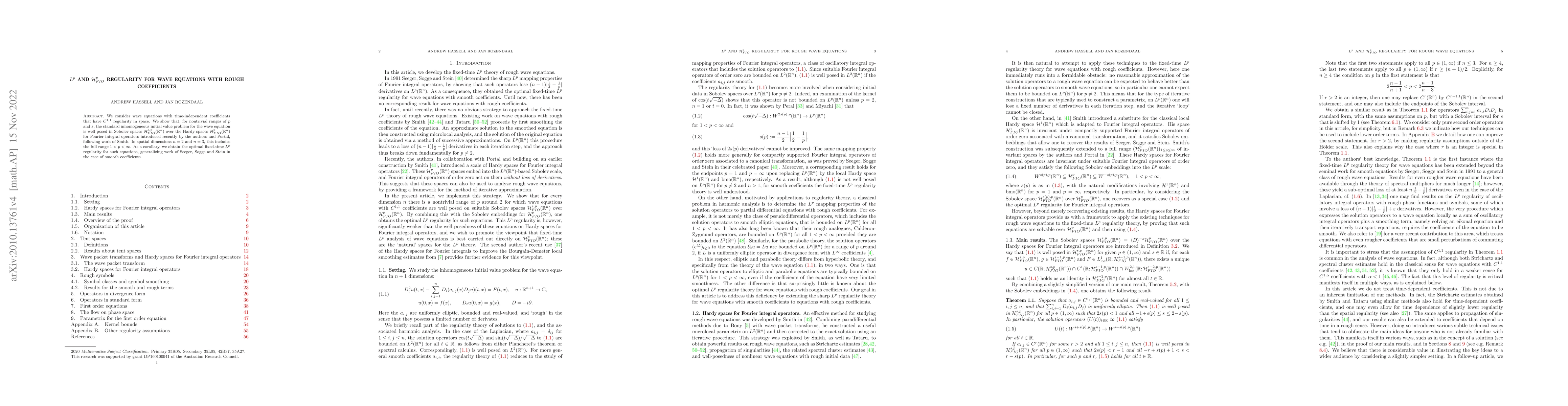 Thumbnail for $L^{p}$ and $\mathcal{H}^{p}_{FIO}$ regularity for wave equations with
  rough coefficients