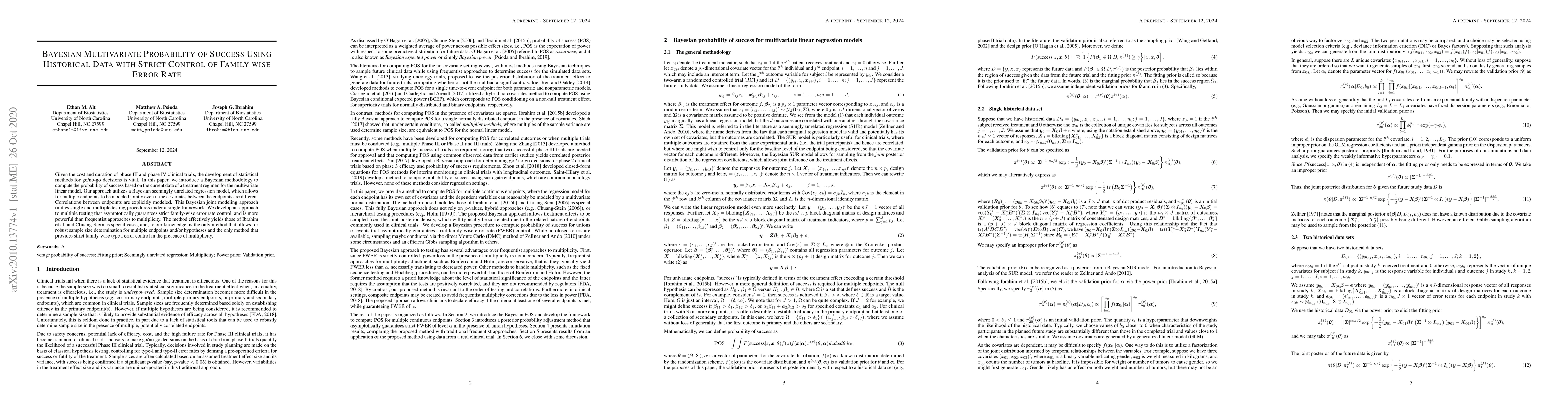 Thumbnail for Bayesian Multivariate Probability of Success Using Historical Data with
  Strict Control of Family-wise Error Rate