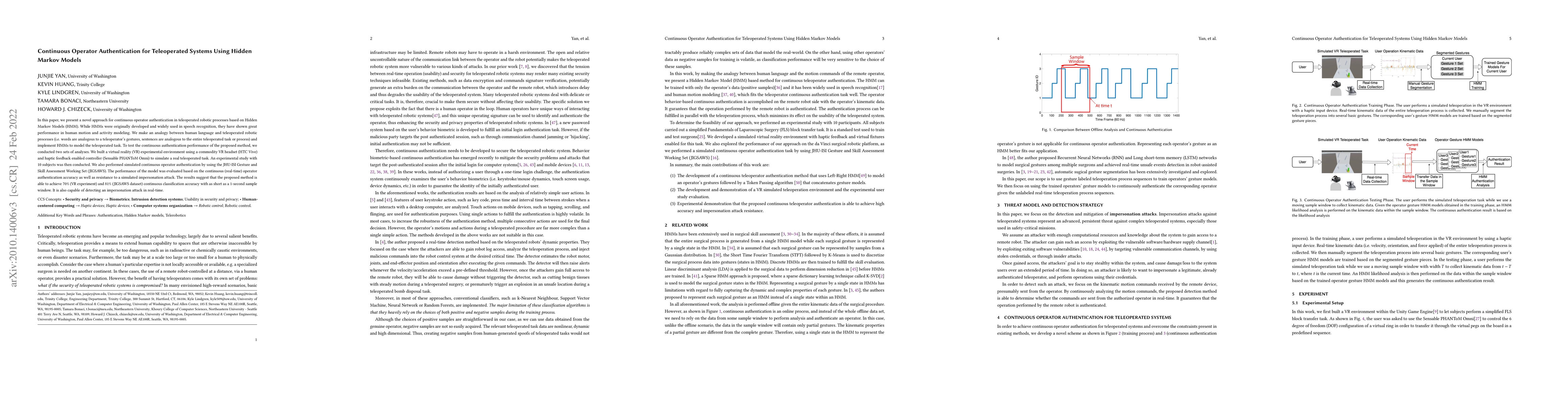 Thumbnail for Continuous Operator Authentication for Teleoperated Systems Using Hidden
  Markov Models