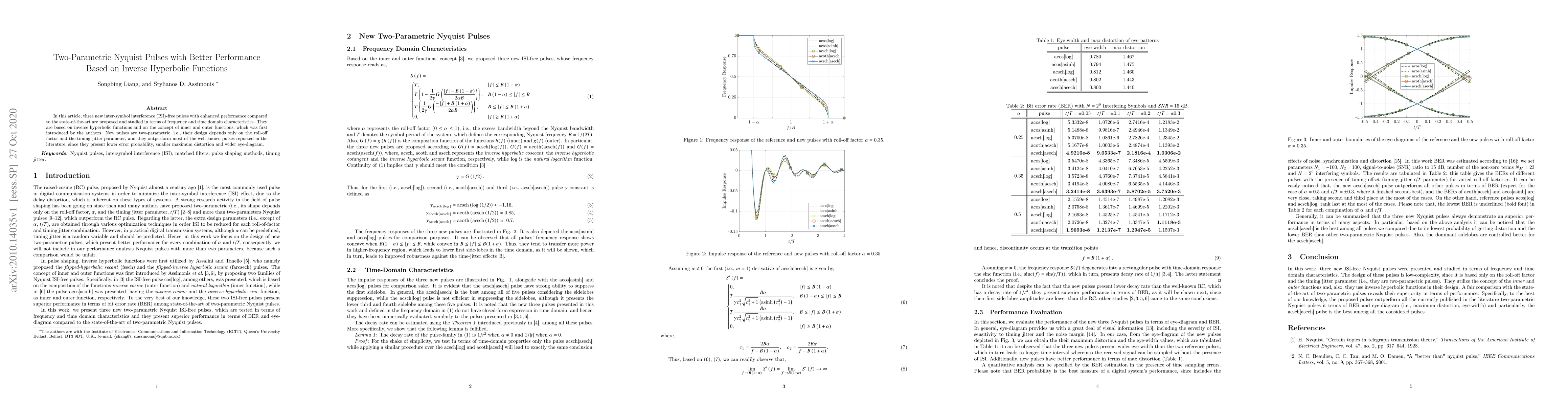 Thumbnail for Two-Parametric Nyquist Pulses with Better Performance Based on Inverse
  Hyperbolic Functions