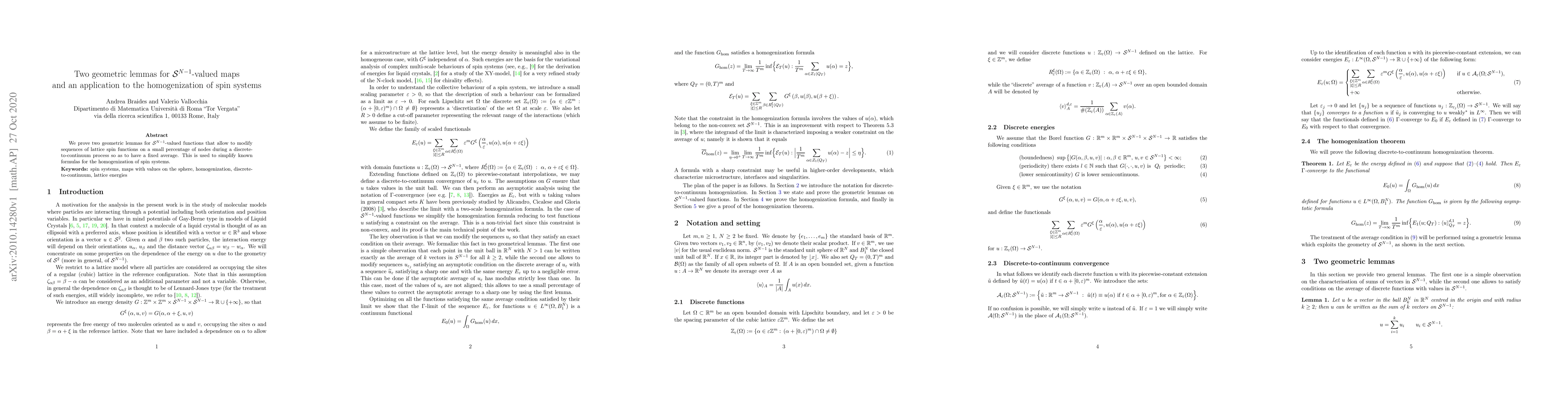 Thumbnail for Two geometric lemmas for $S^{N-1}$-valued maps and an application to the
  homogenization of spin systems