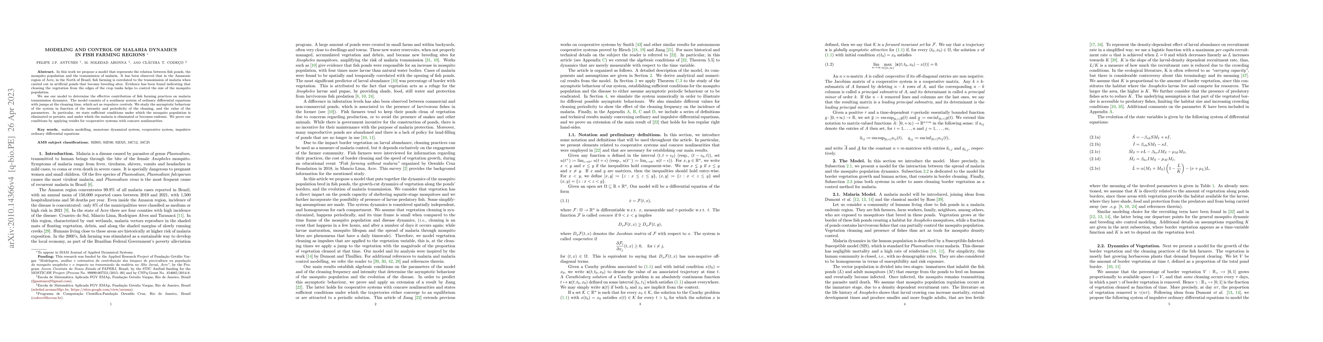 Thumbnail for Modeling and control of malaria dynamics in fish farming regions