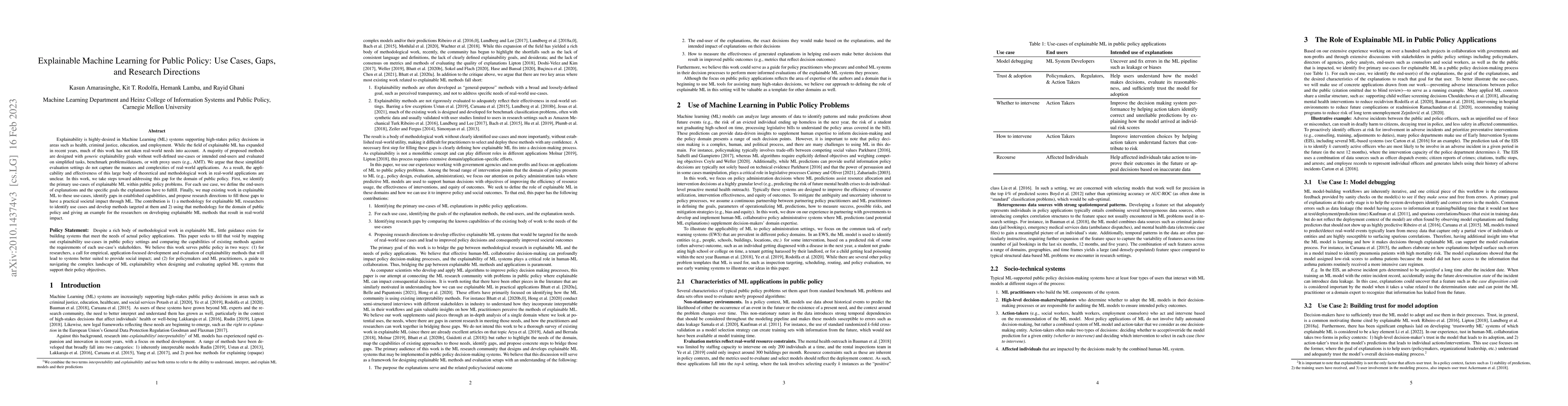 Thumbnail for Explainable Machine Learning for Public Policy: Use Cases, Gaps, and
  Research Directions