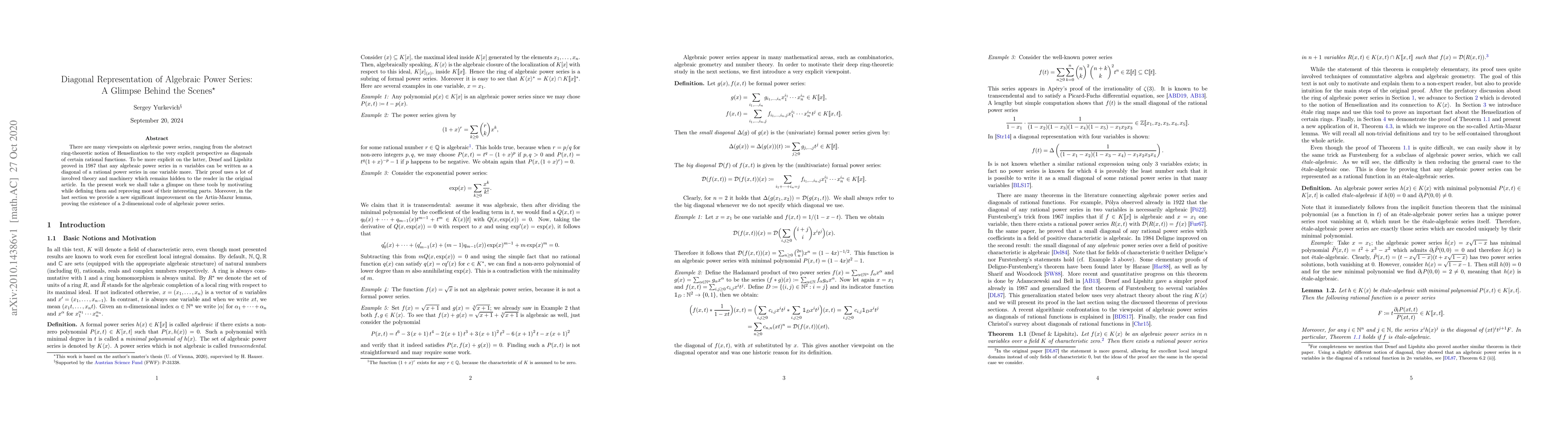 Thumbnail for Diagonal Representation of Algebraic Power Series: A Glimpse Behind the
  Scenes