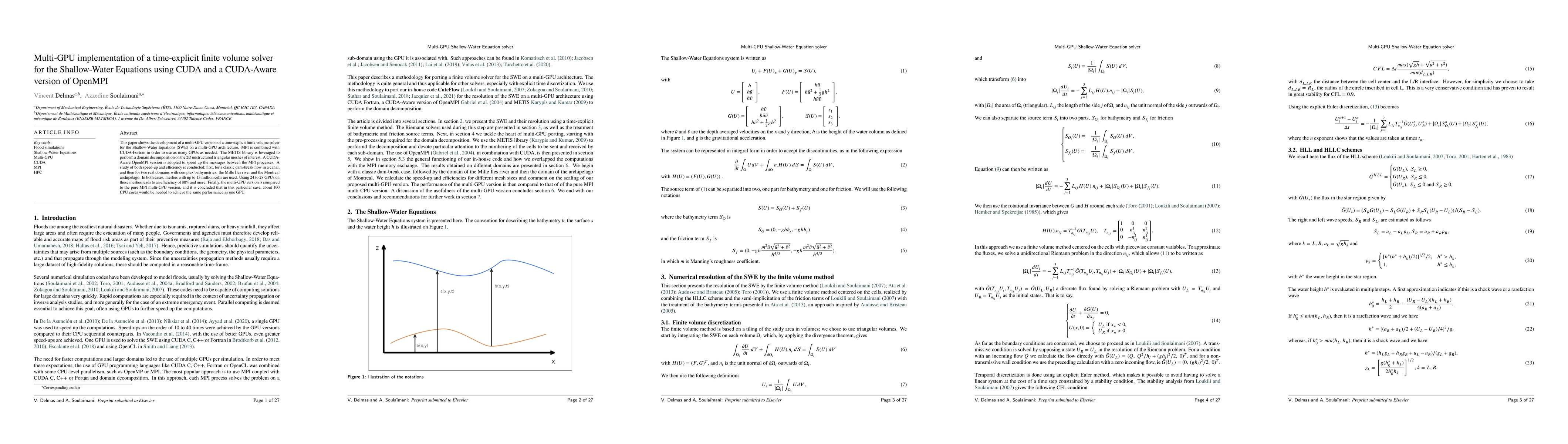 Thumbnail for Multi-GPU implementation of a time-explicit finite volume solver for the
  Shallow-Water Equations using CUDA and a CUDA-Aware version of OpenMPI