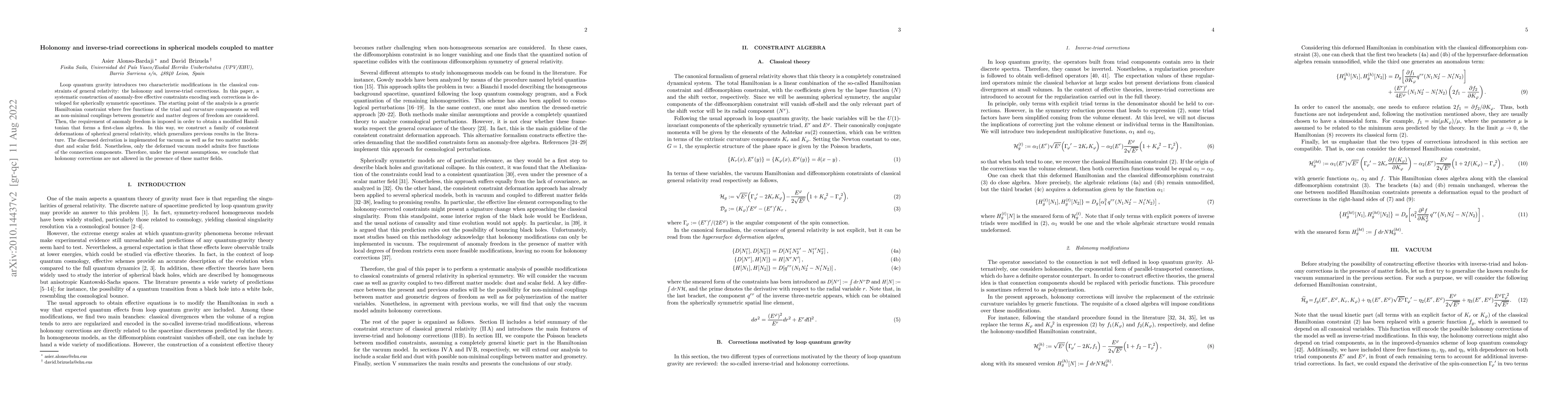 Thumbnail for Holonomy and inverse-triad corrections in spherical models coupled to
  matter