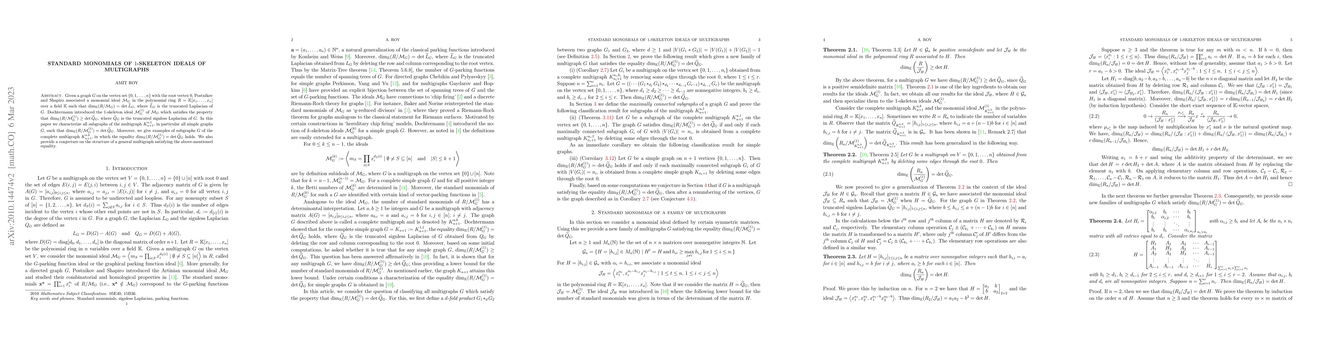 Thumbnail for Standard monomials of $1$-skeleton ideals of multigraphs