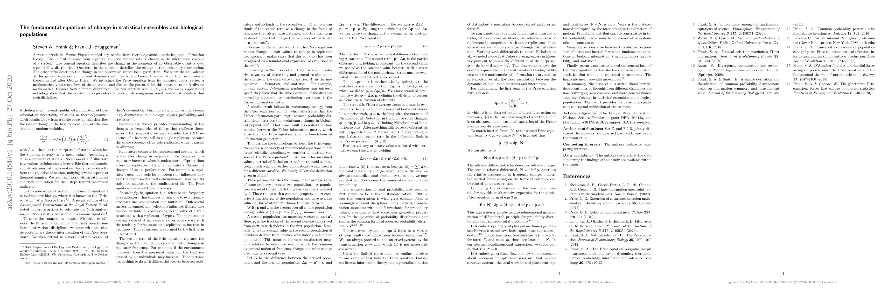 Thumbnail for The fundamental equations of change in statistical ensembles and
  biological populations