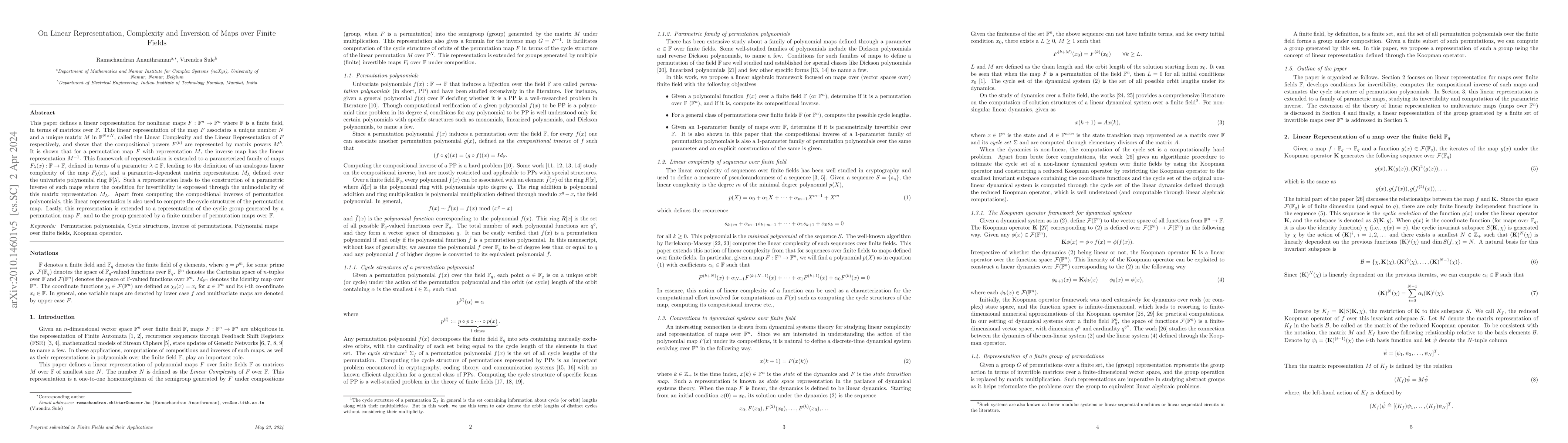 Thumbnail for On Linear Representation, Complexity and Inversion of maps over finite
  fields