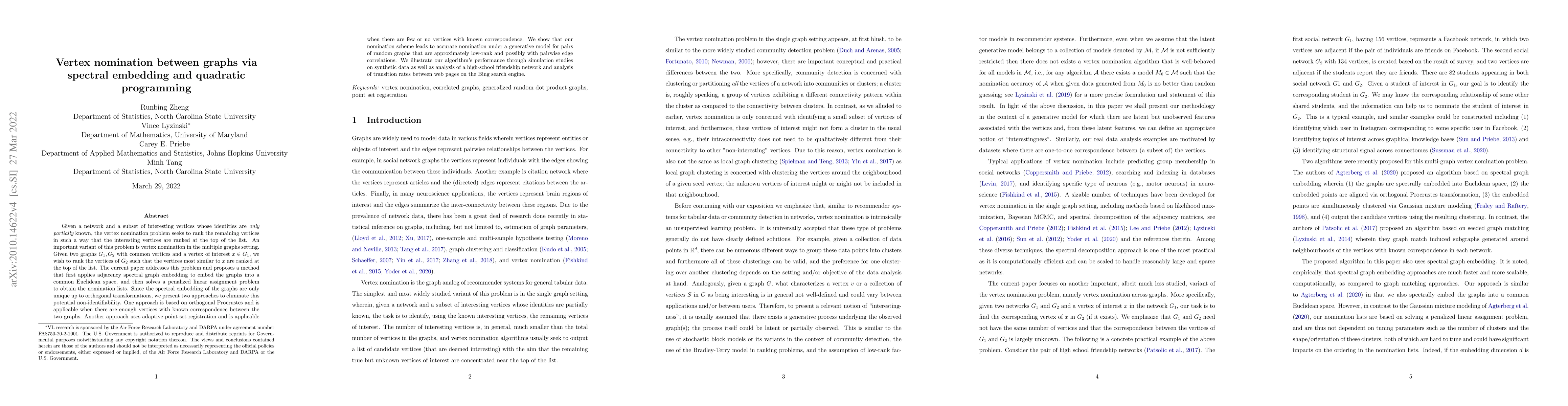 Thumbnail for Vertex nomination between graphs via spectral embedding and quadratic
  programming