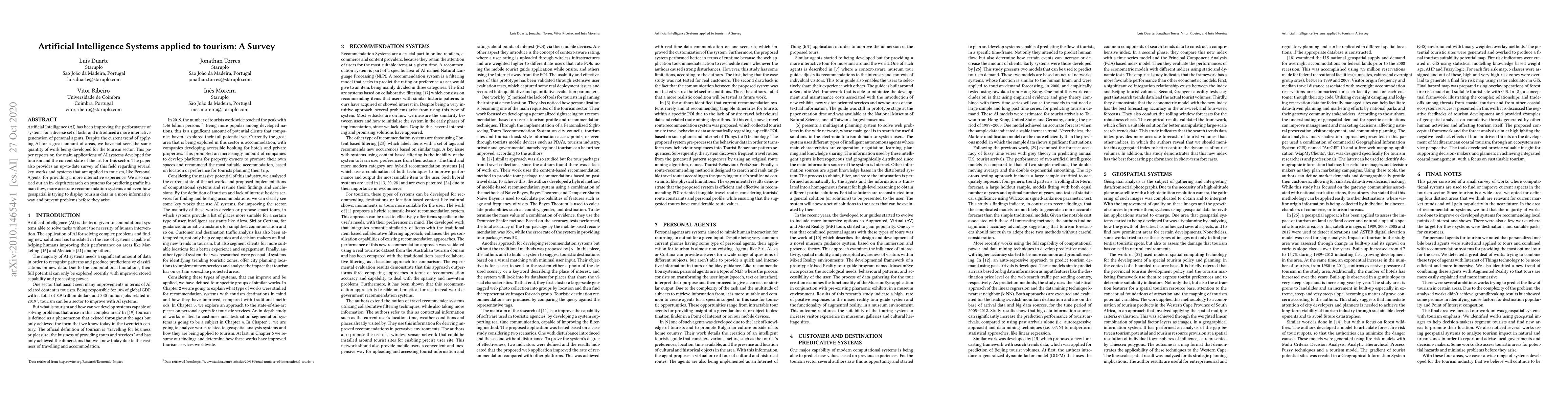 Thumbnail for Artificial Intelligence Systems applied to tourism: A Survey