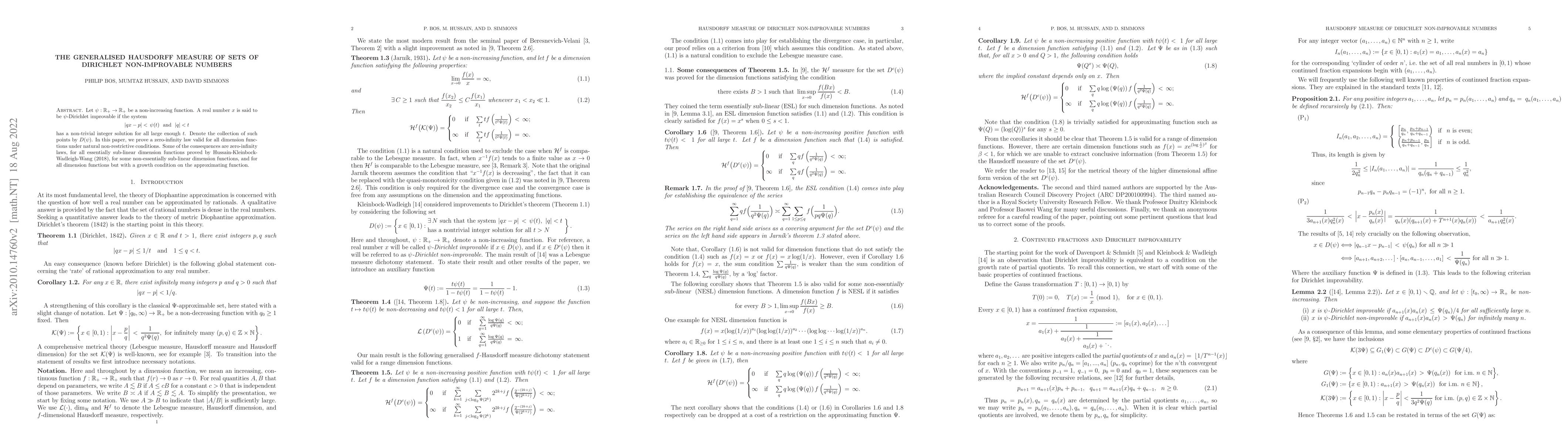 Thumbnail for The generalised Hausdorff measure of sets of Dirichlet non-improvable
  numbers