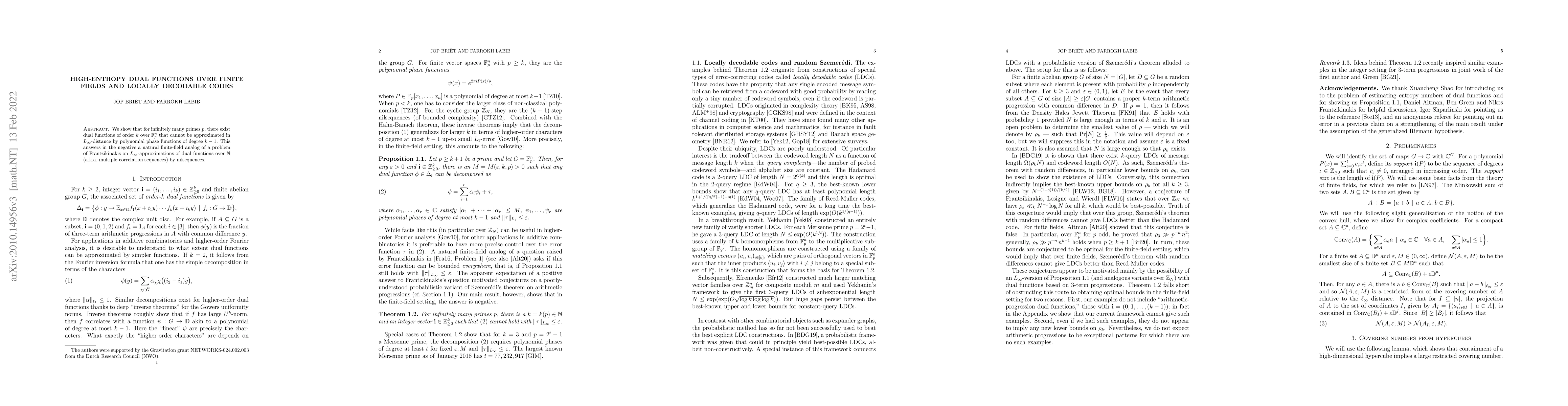 Thumbnail for High-entropy dual functions over finite fields and locally decodable
  codes