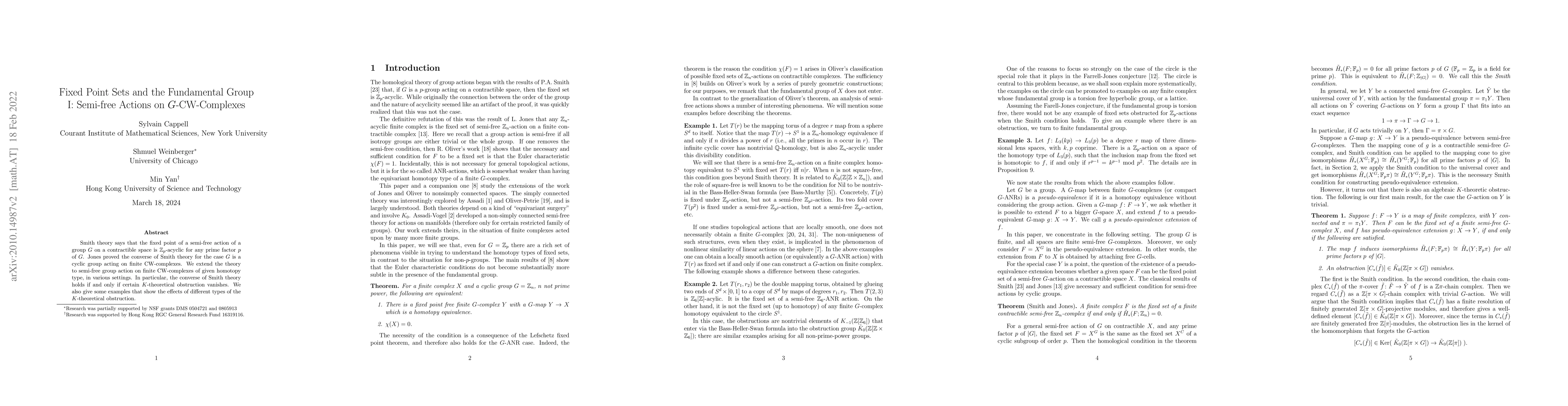 Thumbnail for Fixed Point Sets and the Fundamental Group I: Semi-free Actions on
  G-CW-Complexes