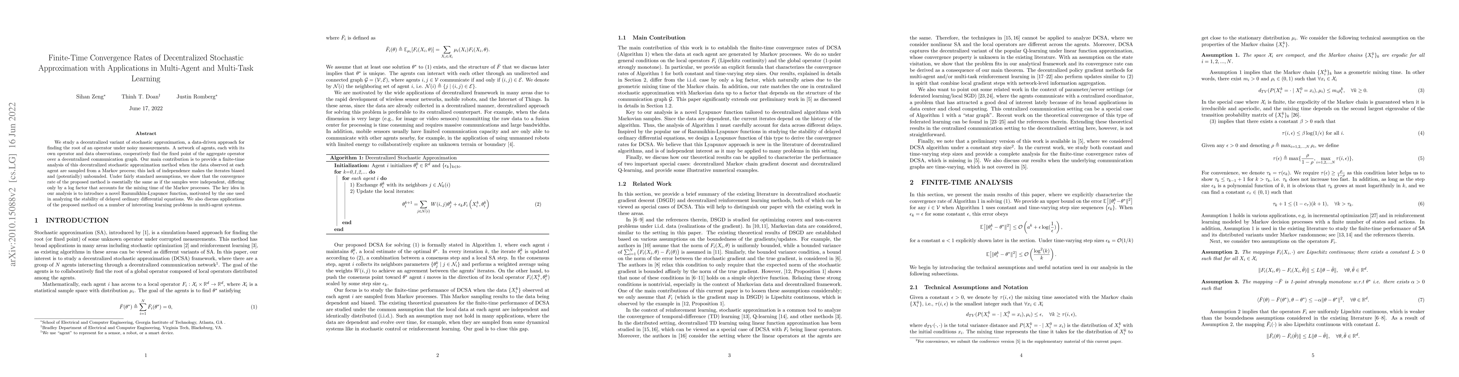 Thumbnail for Finite-Time Convergence Rates of Decentralized Stochastic Approximation
  with Applications in Multi-Agent and Multi-Task Learning