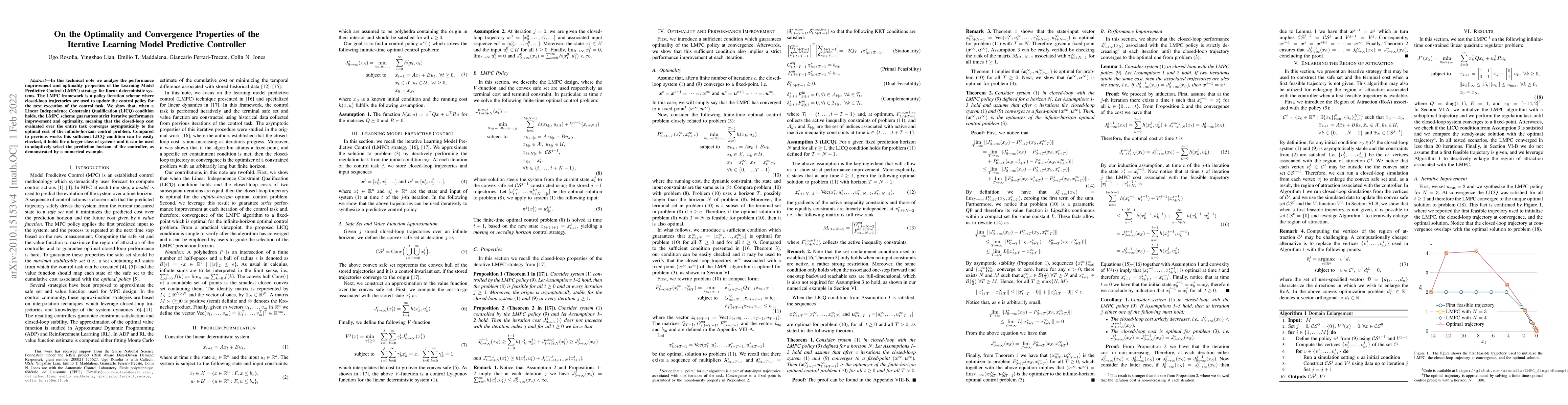 Thumbnail for On the Optimality and Convergence Properties of the Iterative Learning
  Model Predictive Controller