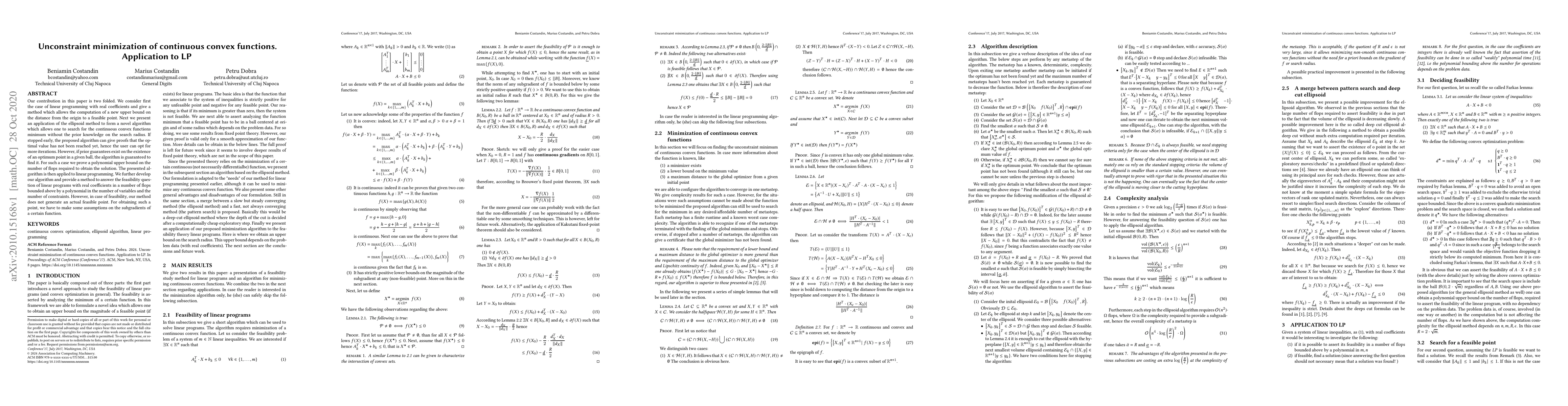 Thumbnail for Unconstraint minimization of continuous convex functions. Application to
  LP