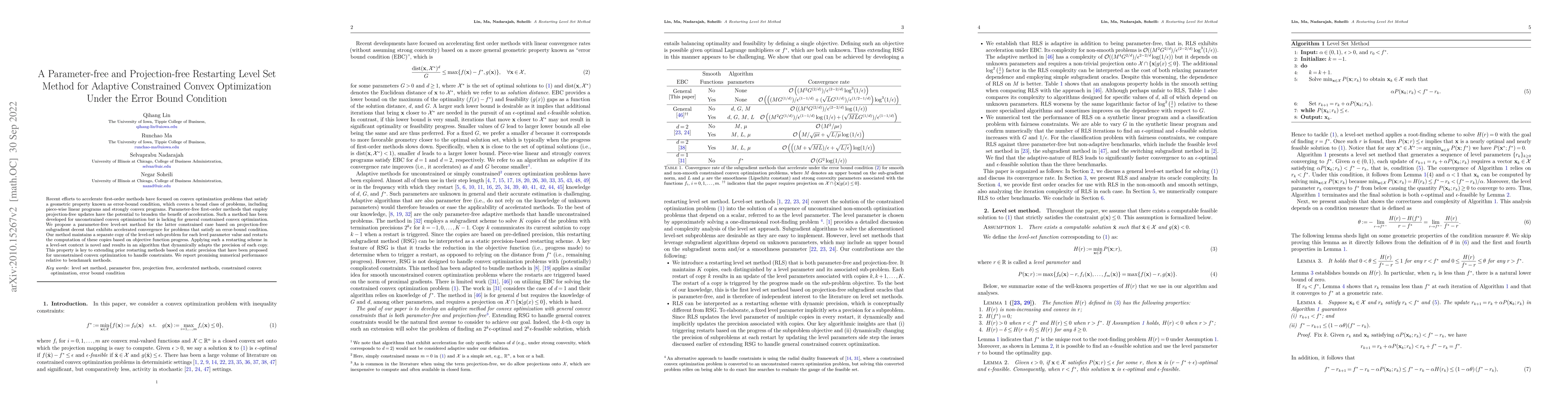 Thumbnail for A Parameter-free and Projection-free Restarting Level Set Method for
  Adaptive Constrained Convex Optimization Under the Error Bound Condition