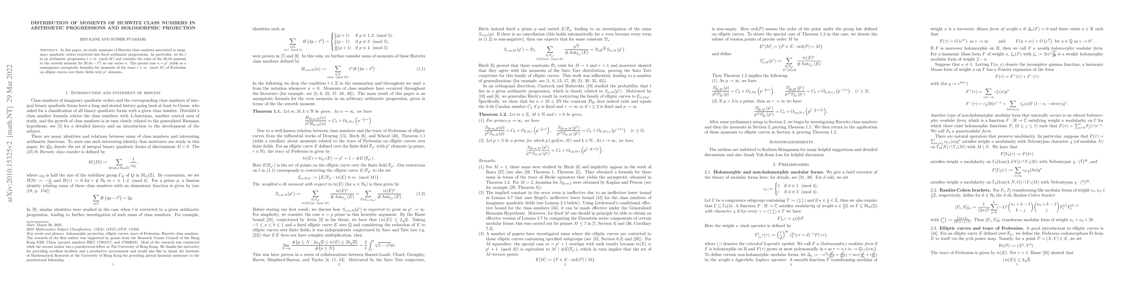 Thumbnail for Distribution of moments of Hurwitz class numbers in arithmetic
  progressions and holomorphic projection