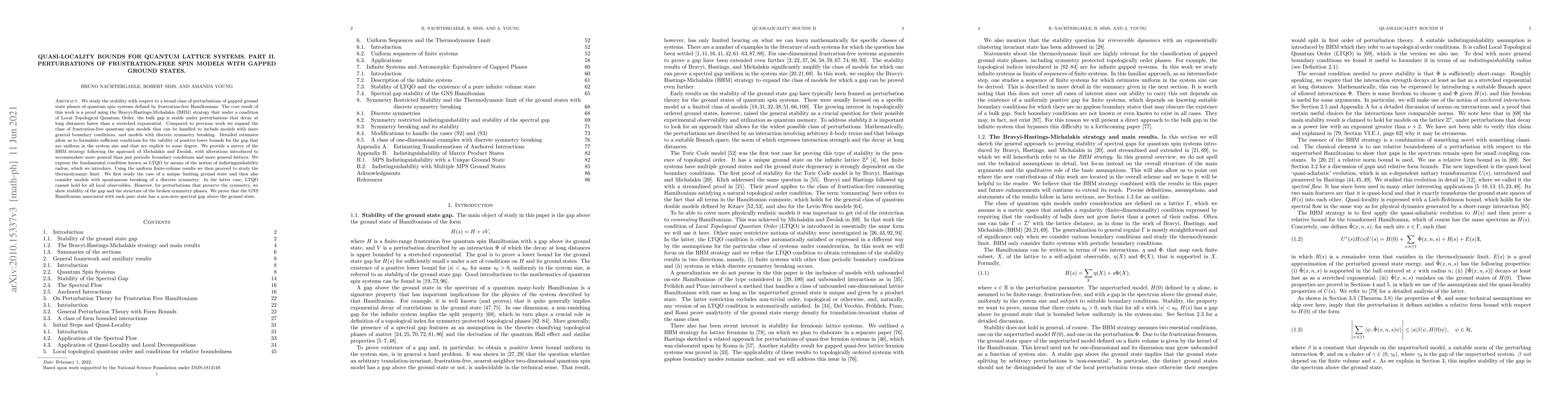 Thumbnail for Quasi-Locality Bounds for Quantum Lattice Systems. Part II.
  Perturbations of Frustration-Free Spin Models with Gapped Ground States