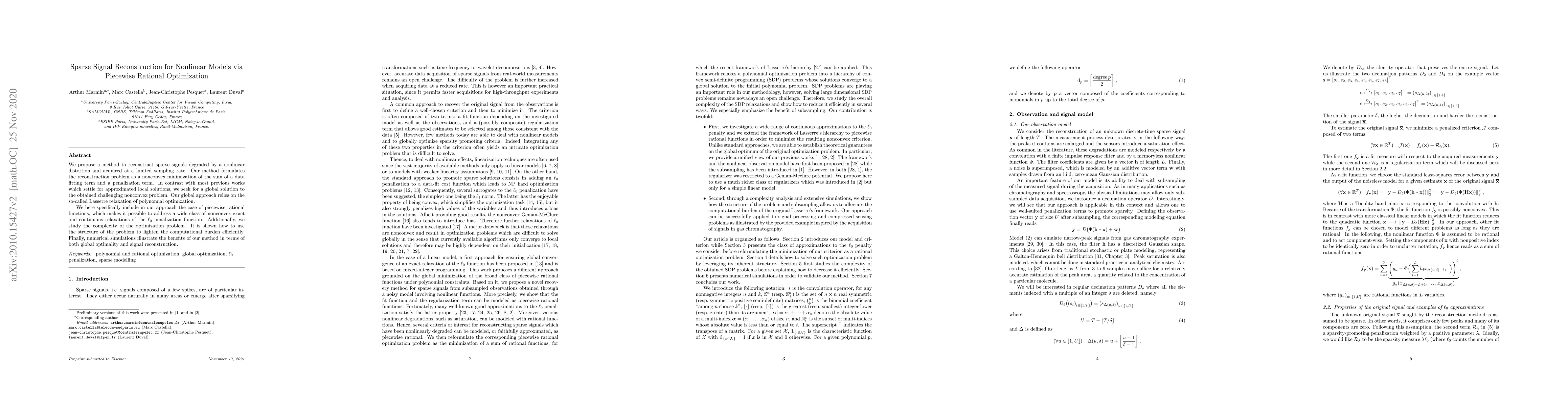 Thumbnail for Sparse Signal Reconstruction for Nonlinear Models via Piecewise Rational
  Optimization