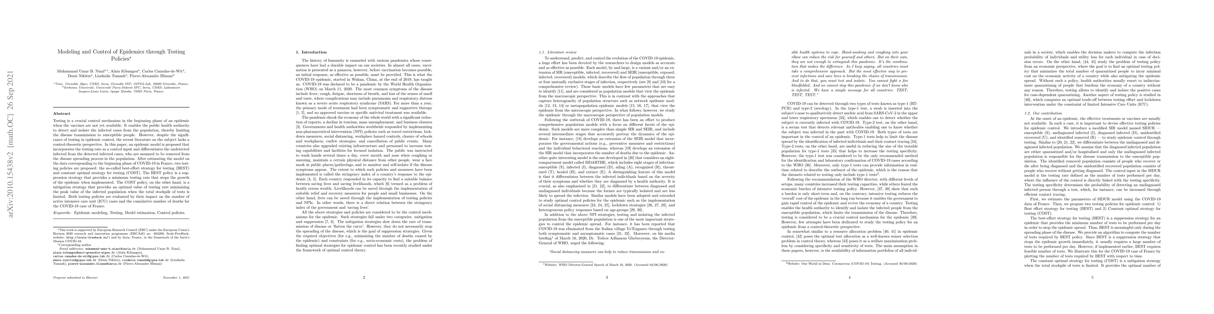 Thumbnail for Modeling and Control of Epidemics through Testing Policies