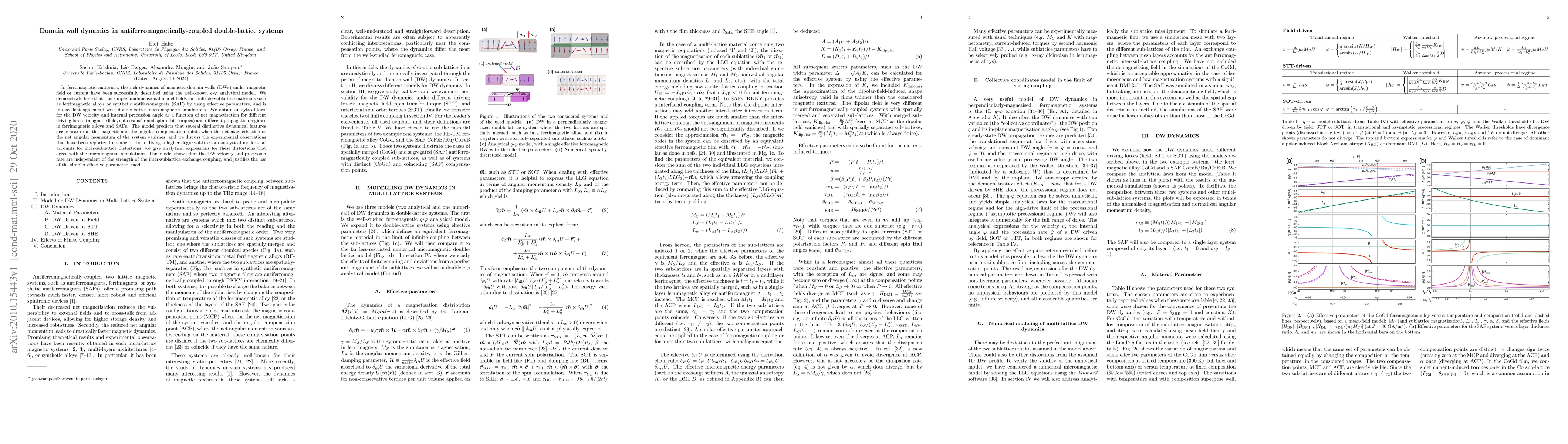 Thumbnail for Domain wall dynamics in antiferromagnetically-coupled double-lattice
  systems