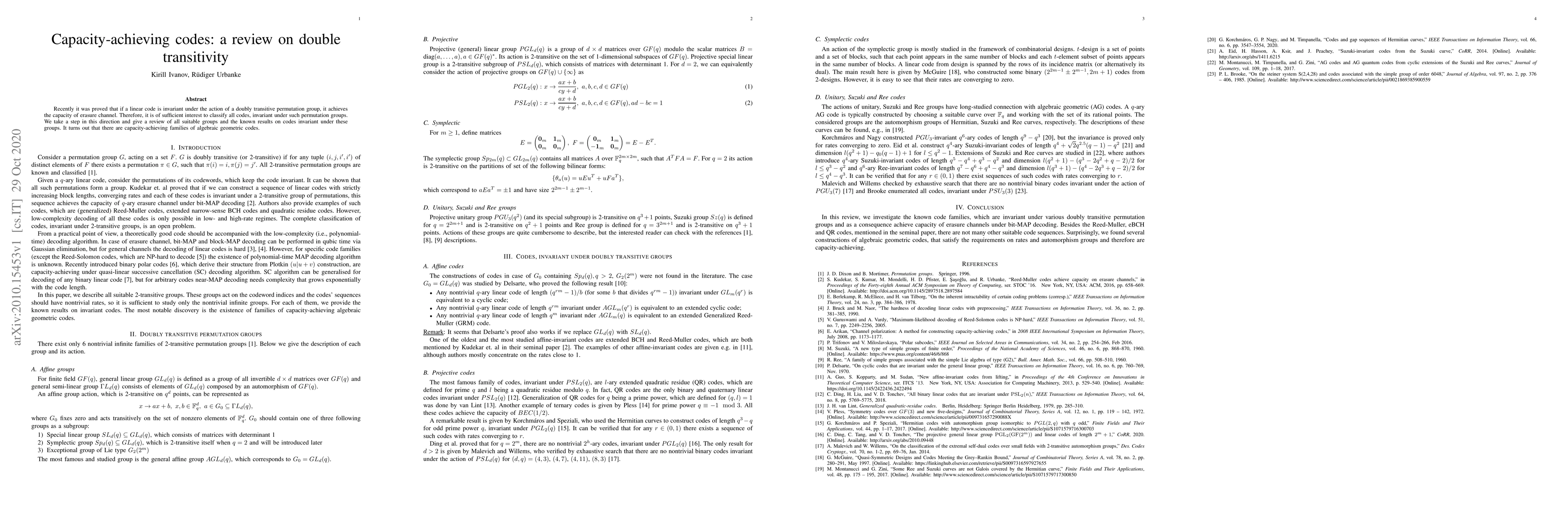 Thumbnail for Capacity-achieving codes: a review on double transitivity