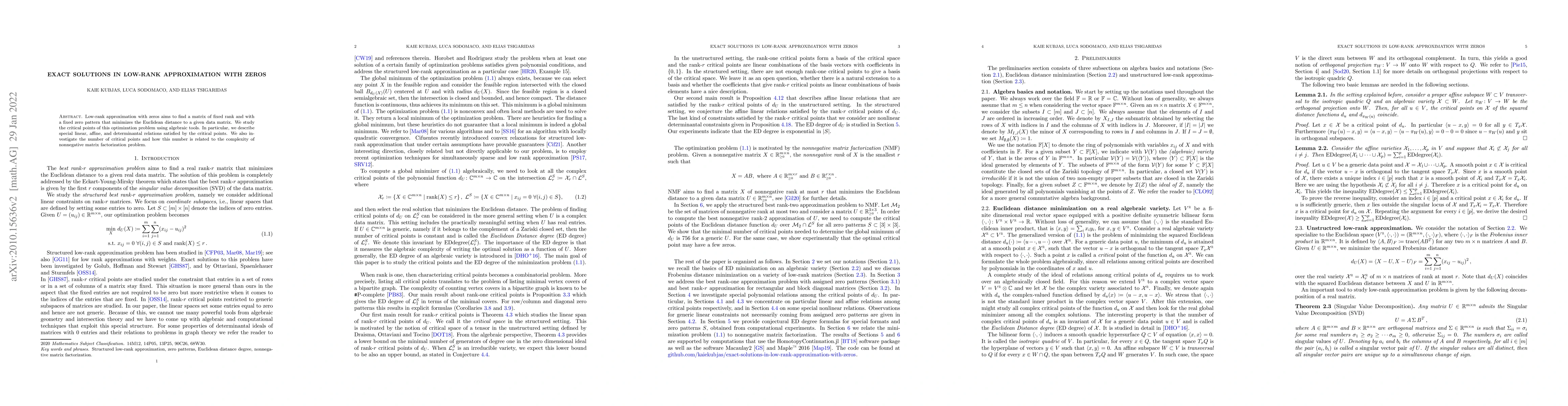 Thumbnail for Exact solutions in low-rank approximation with zeros