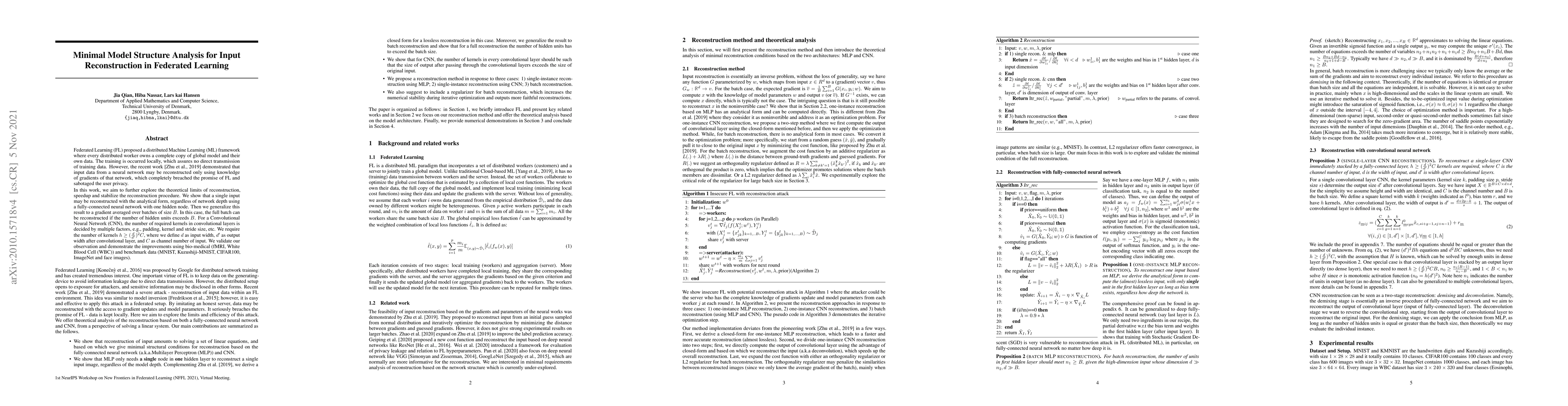 Thumbnail for Minimal Model Structure Analysis for Input Reconstruction in Federated
  Learning