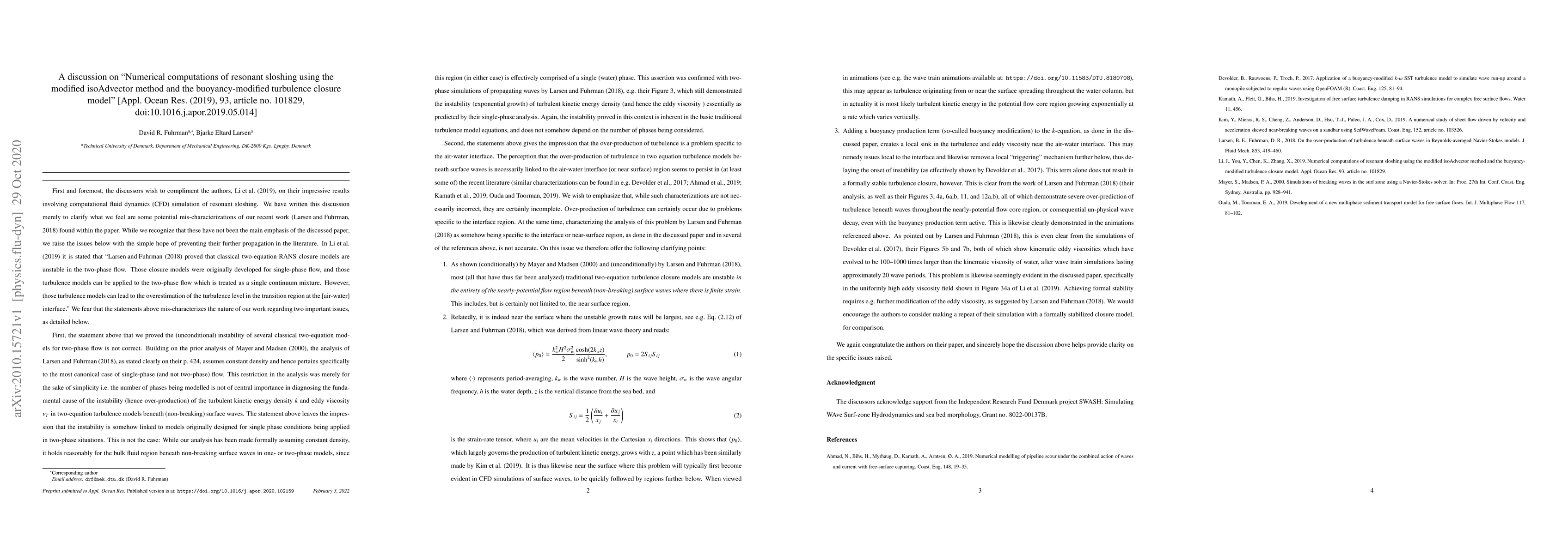 Thumbnail for A discussion on "Numerical computations of resonant sloshing using the
  modified isoAdvector method and the buoyancy-modified turbulence closure
  model" [Appl. Ocean Res. (2019), 93, article no. 101829,
  doi:10.1016.j.apor.2019.05.014]