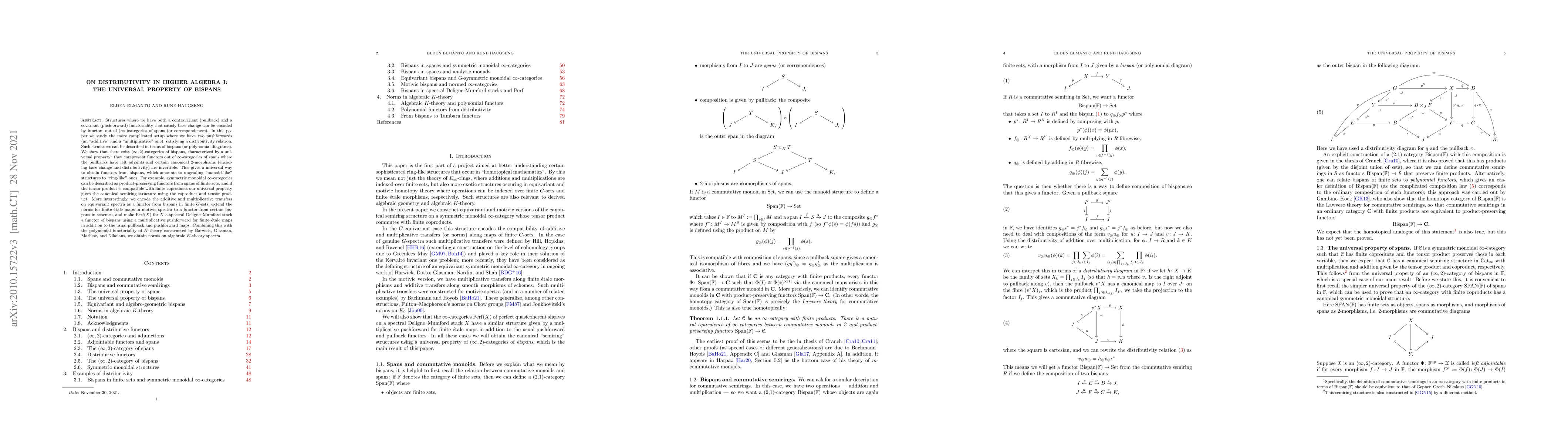 Thumbnail for On distributivity in higher algebra I: The universal property of bispans