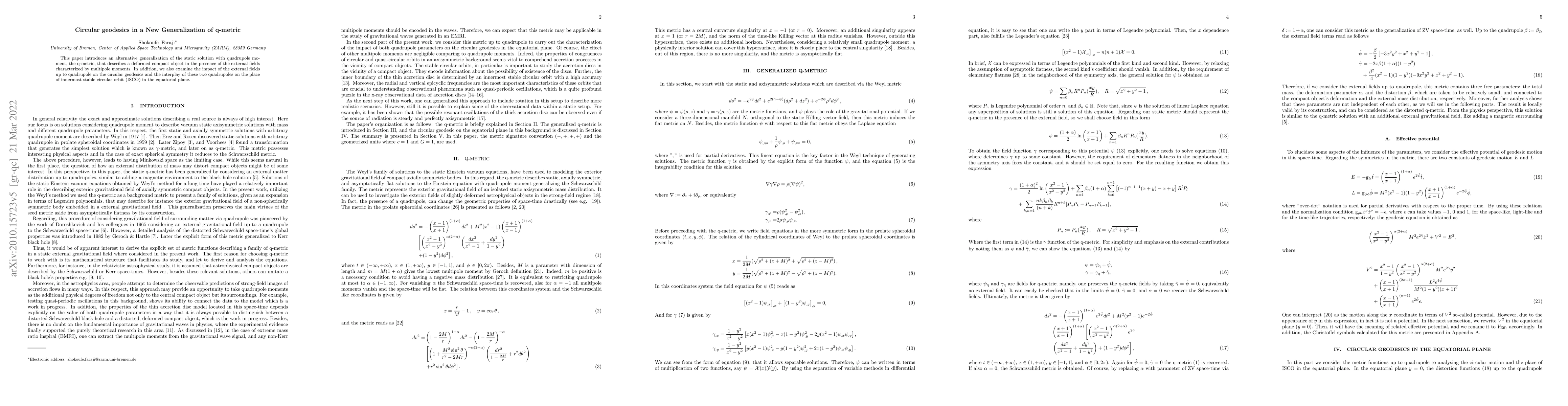 Thumbnail for Circular geodesics in a New Generalization of q-metric