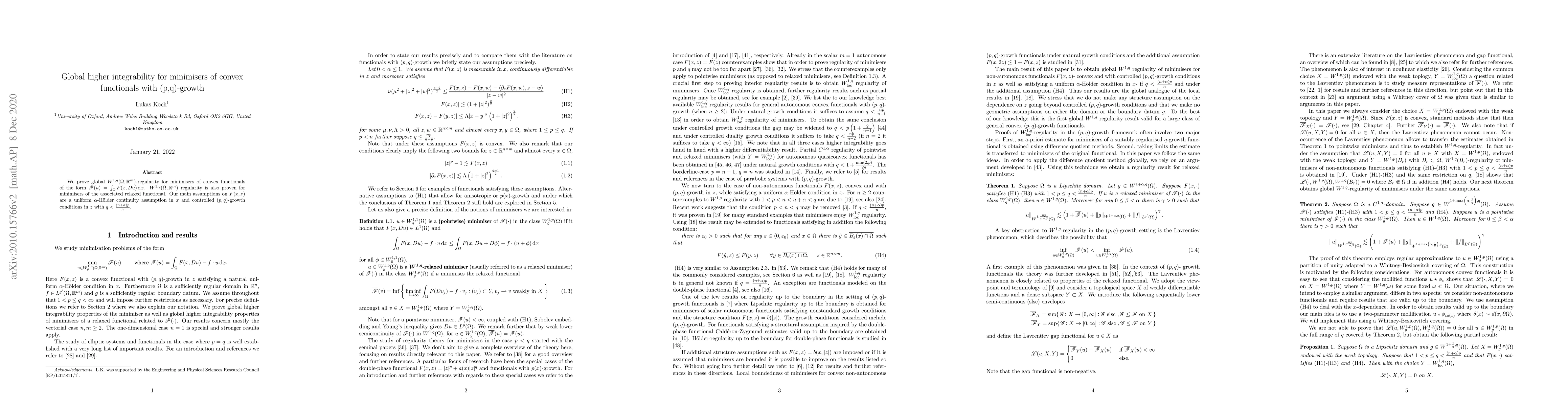 Thumbnail for Global higher integrability for minimisers of convex functionals with
  (p,q)-growth