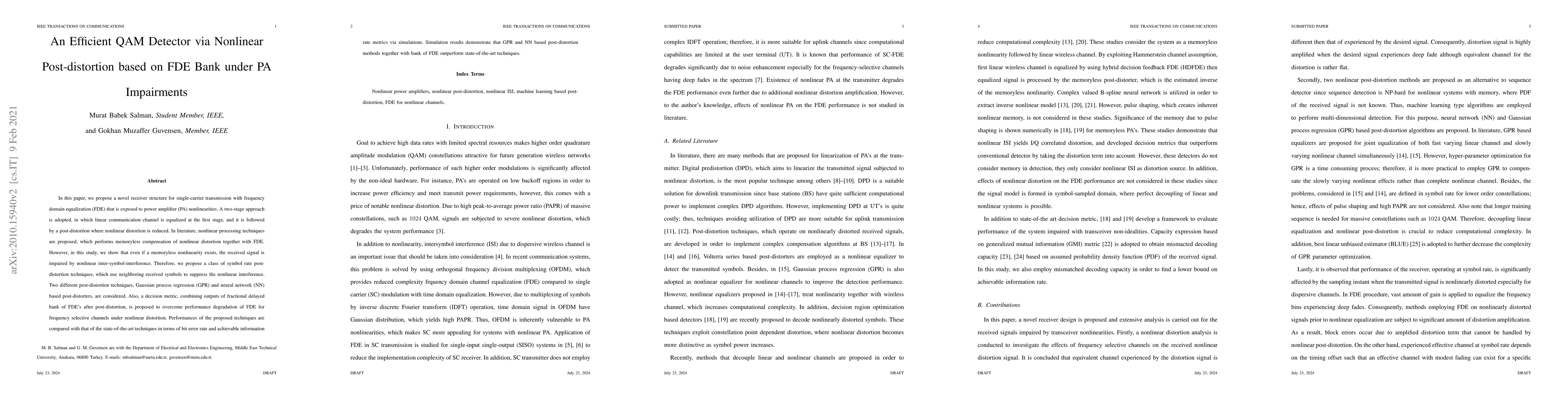 Thumbnail for An Efficient QAM Detector via Nonlinear Post-distortion based on FDE
  Bank under PA Impairments